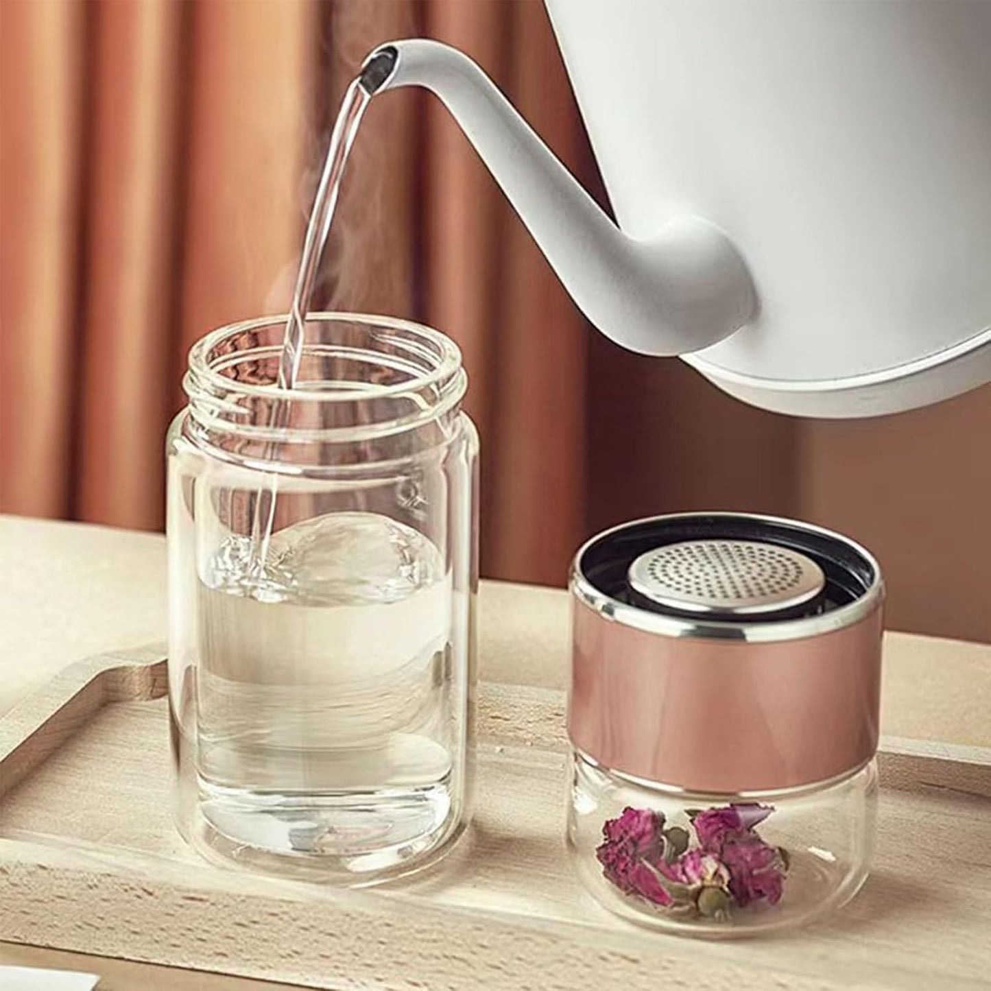 QUROXO 2025 New Tryteava Glass Infuser, Teava 3-In-1 Smart Tea Infuser with Cup Brush, Double-Layer Borosilicate Glass Tryteava Tea infusers Separation Cup (Silver, 350ml (12oz))