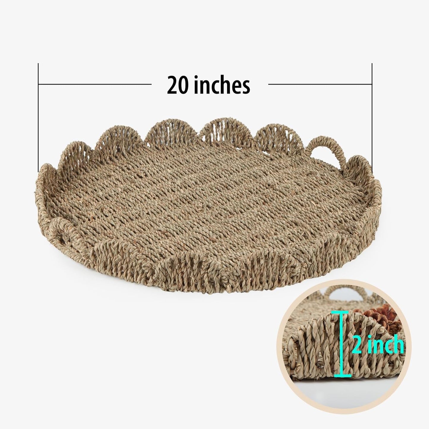 Round Ottoman Tray Large Wicker Serving Tray with Handles for Coffee Table, 20 Inch Handwoven Natural Seagrass Tray Scalloped Edges