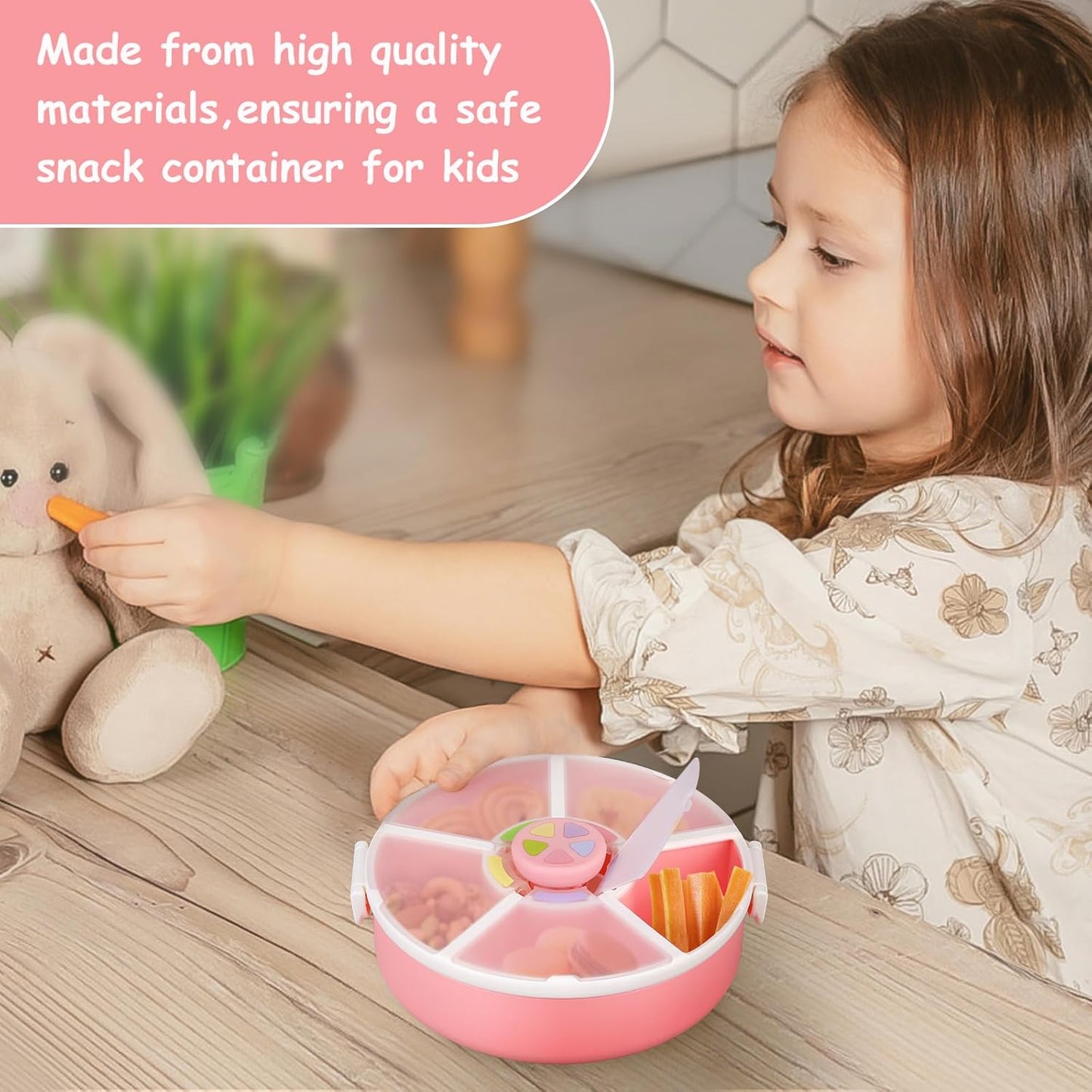 Kids Reusable Rotating Snack Container with 5 Separate Compartments, Color Matching Opening Lid, BPA/PVC-Free, Dishwasher Safe, Perfect for Travel, School Lunches & On-the-Go Snacking-Pink