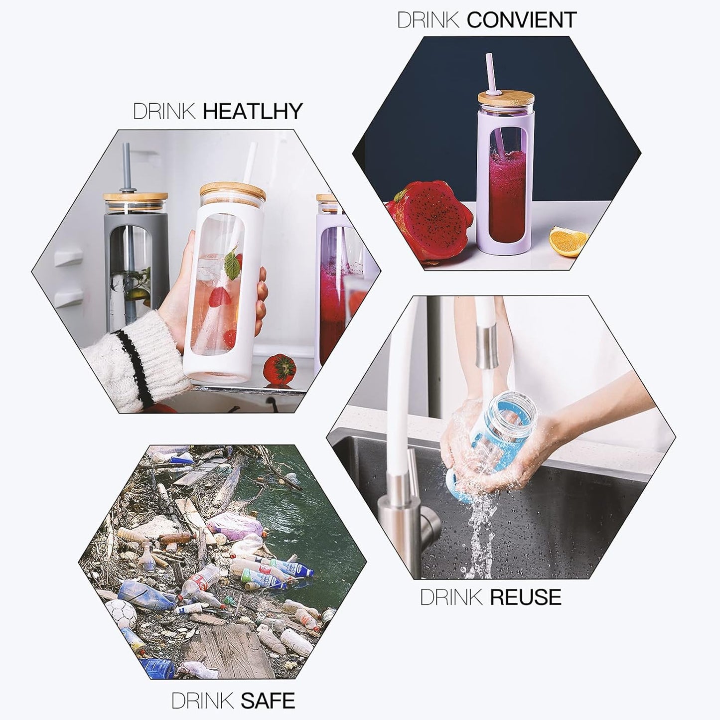 Kodrine 20oz Glass Tumbler with Straw and Lid, Bamboo Lids Water Bottle, Reusable Iced Coffee Cups, Wide Mouth Smoothie Cup with Protective Silicone Sleeve BPA FREE-Black+Amber-2pack