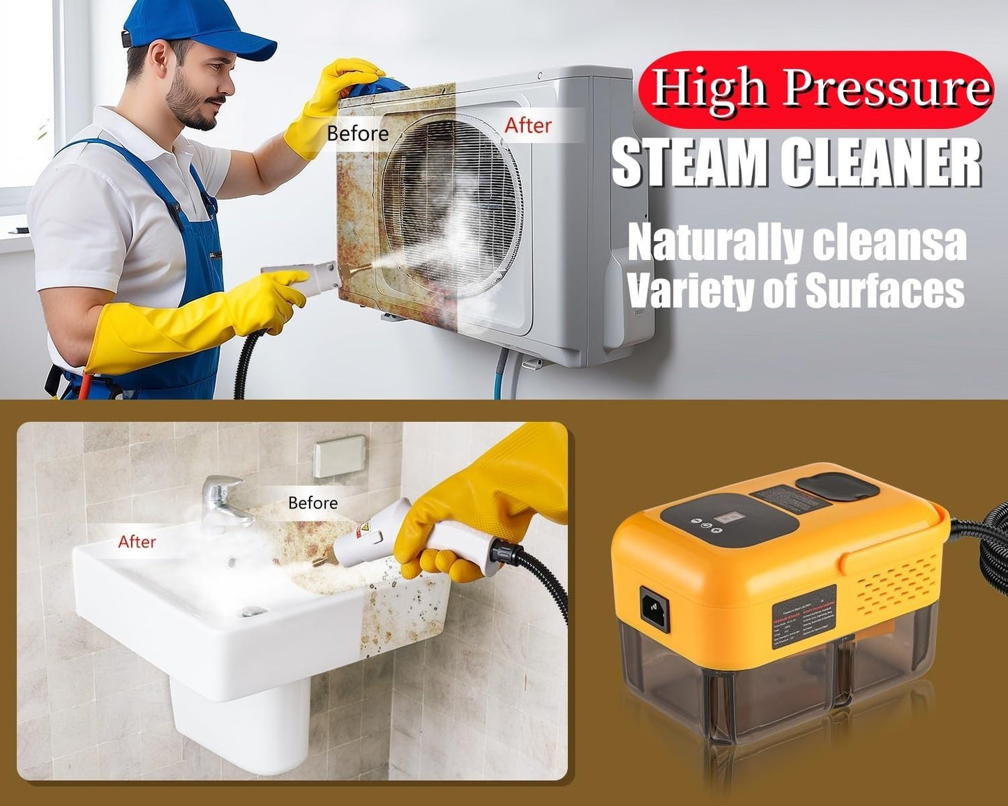 Steam Cleaner for Home, Handheld 2500W High Pressure Steamer for Cleaning, 9-Level Multipurpose Steam Cleaner for Car Floor Upholstery Kitchen Bathroom Grout Tile, 14 Accessories Included, Yellow