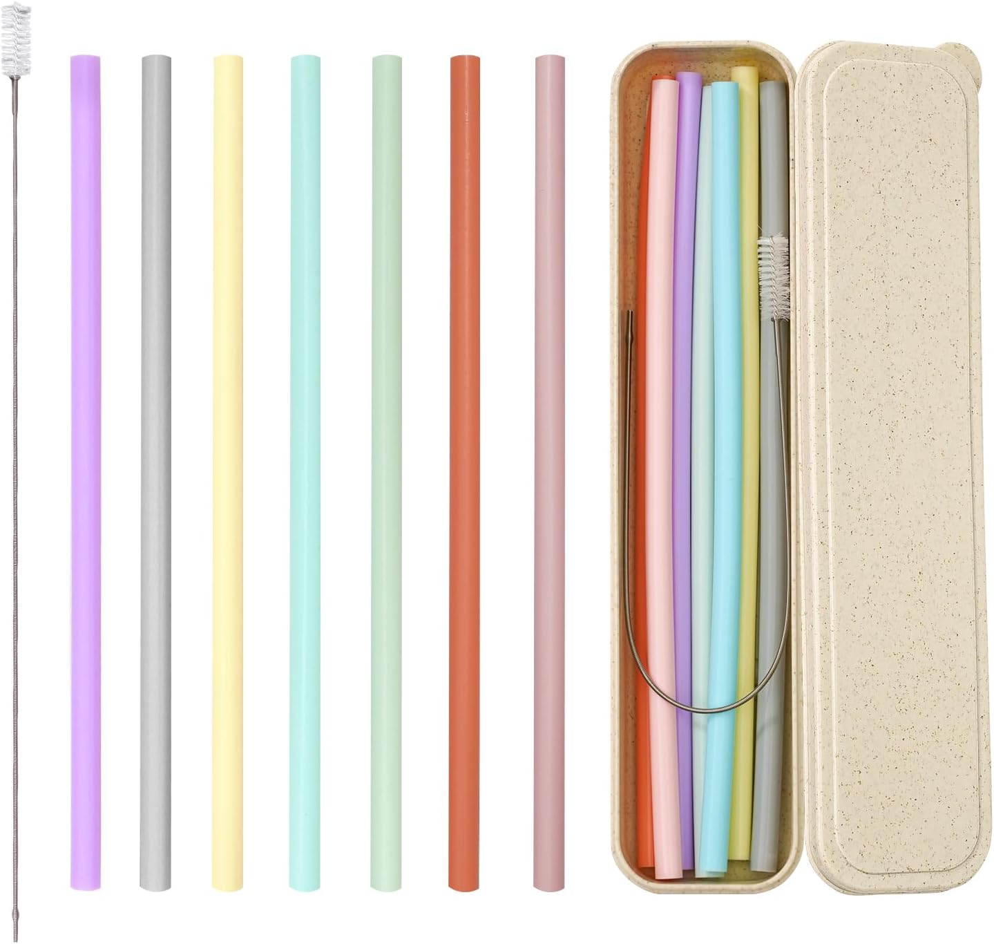 Reusable Straw with Case - Dishwasher Safe ECO-Friendly BPA Free Travel Straws with Case, 9 Inch Extra Long,Flexible Silicone Smoothie Straws with Cleaning Brush (Multicolor)