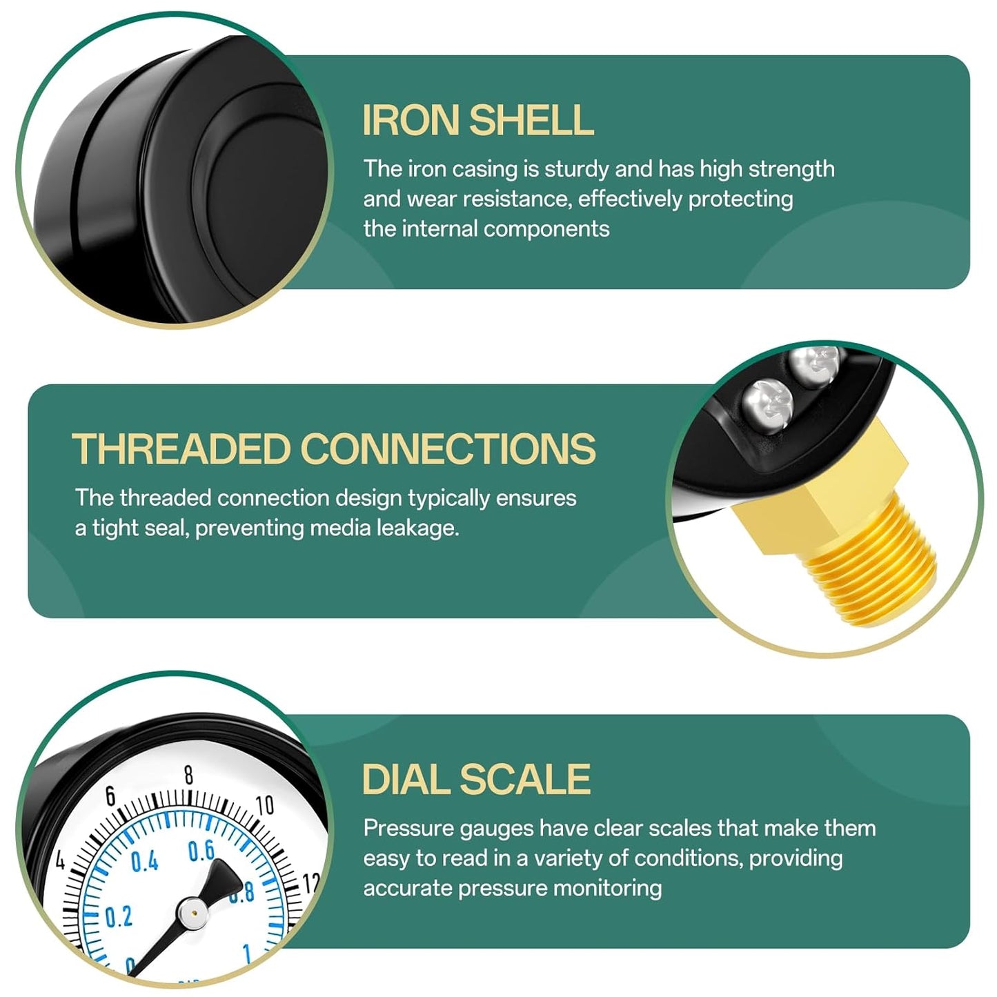 0-15PSI Well Pump Pressure Gauge 2" Dial Size, 1/4" NPT Lower Mount, 3-2-3% Accuracy, for Tube, Water Pump, Gas, Liquid, Pressure Test