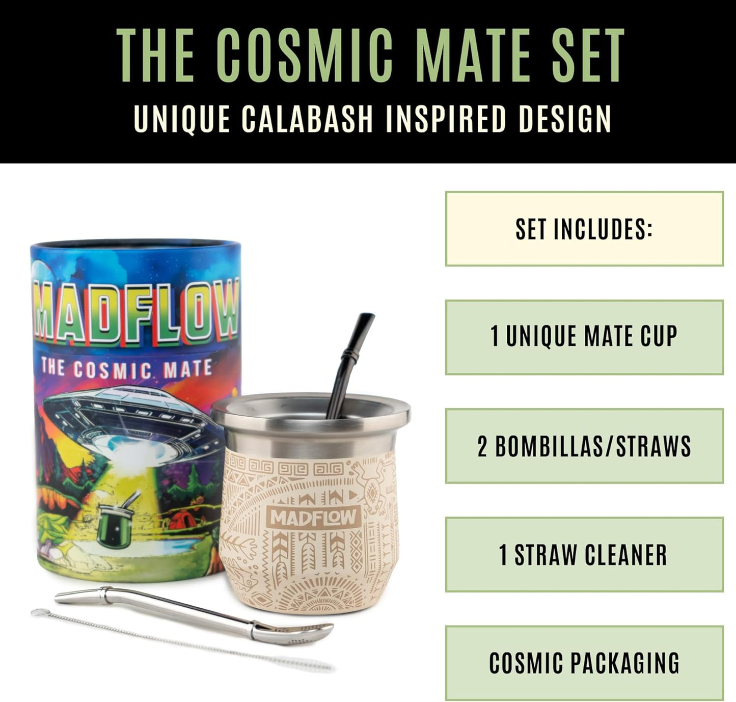 MADFLOW Yerba Mate Cup. Stainless Steel Mate Cup with 2 Bombillas. Double Wall Vacuum Insulated Yerba Mate Gourd. Unique Mate Cup And Bombilla Set