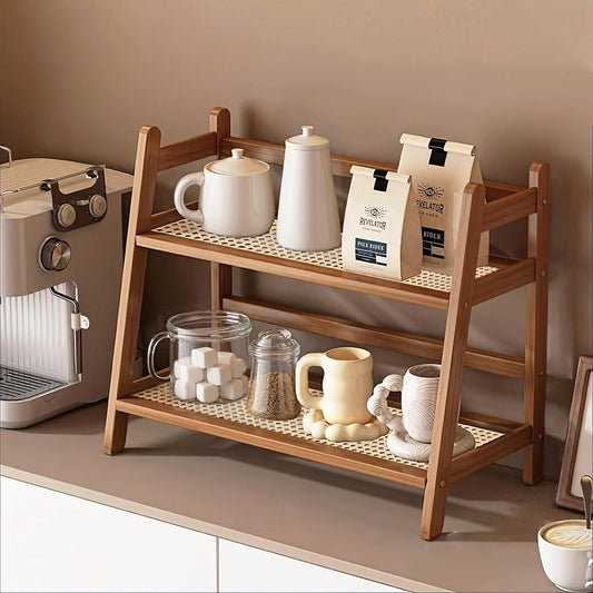 Wicker-Look Coffee Station Organizer, Bamboo Mug Holder Countertop, Kitchen Counter Shelf for Tea Coffee Bar Accessories, Matcha Stand, Cup Display, Condiment Storage Rack, 2 Tier, Brown
