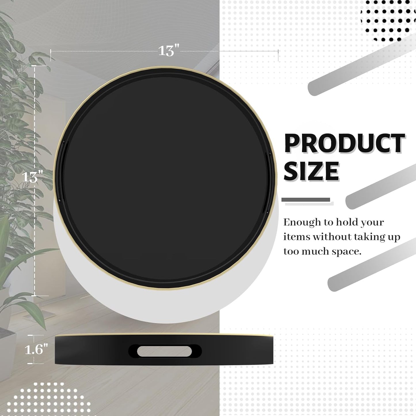 MAONAME Black Decorative Tray for Coffee Table, Modern Round Serving Tray with Handles, 13" Plastic Tea Trays for Ottoman, Bathroom Decor