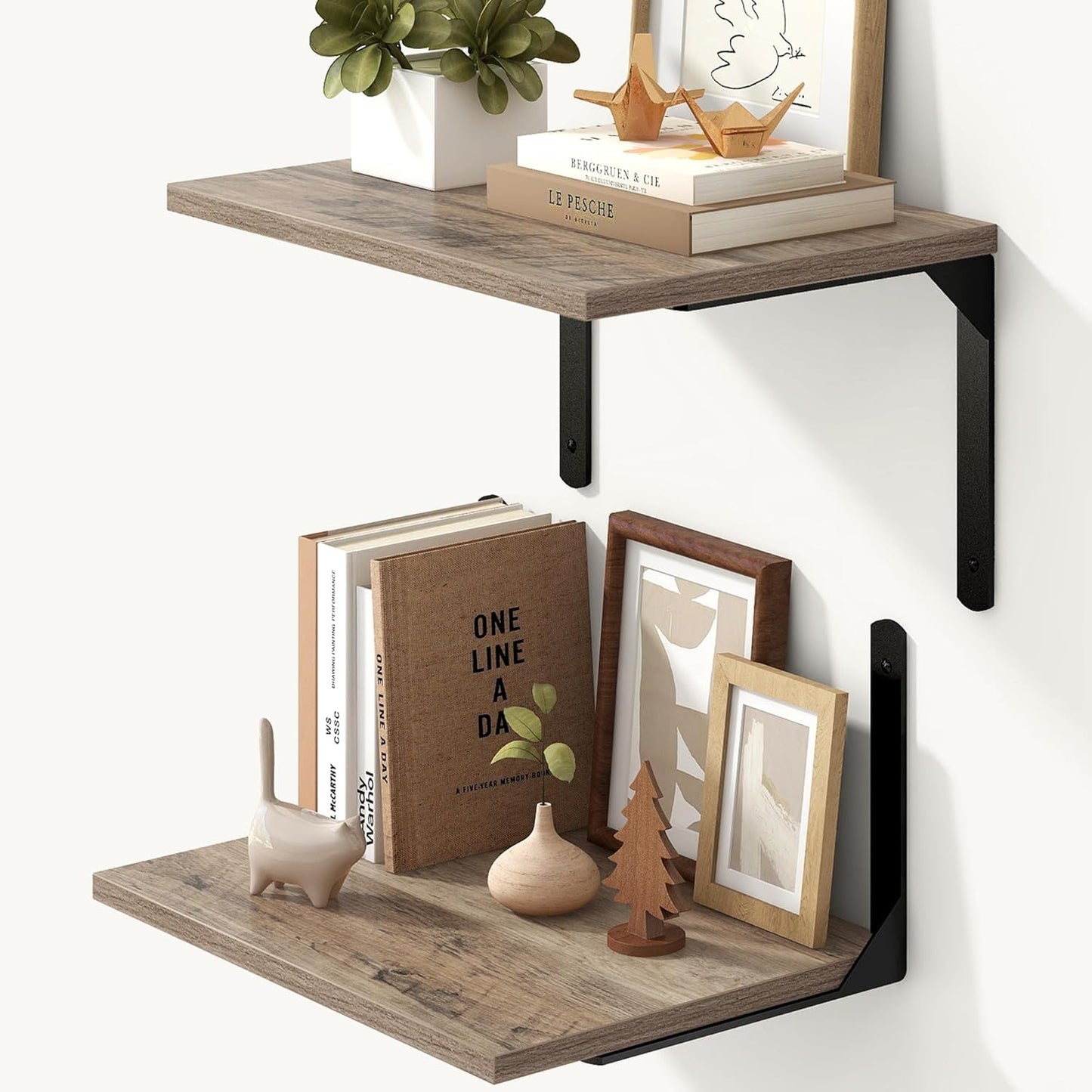 Fun Memories Floating Shelves for Wall, 12 Inch Deep Floating Shelves Set of 2, Wall Mounted Shelf with Metal Brackets, Rustic Wood Wide Shelf for Bathroom, Kitchen and Living Room, Grey, 16W x 12D