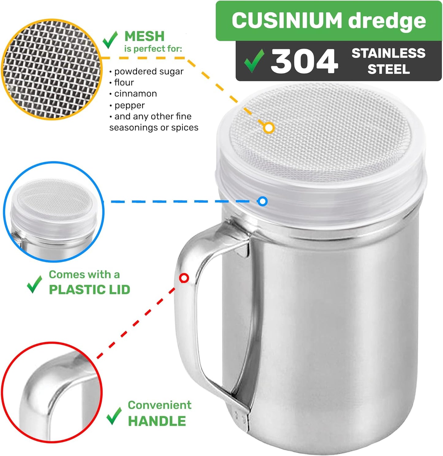 CUSINIUM Large Powdered Sugar Shaker Duster - With Handle - Cinnamon Shaker For Coffee Bar- Fine Mesh Dredge - 14 ounce, pack of 2 | Style: Fine