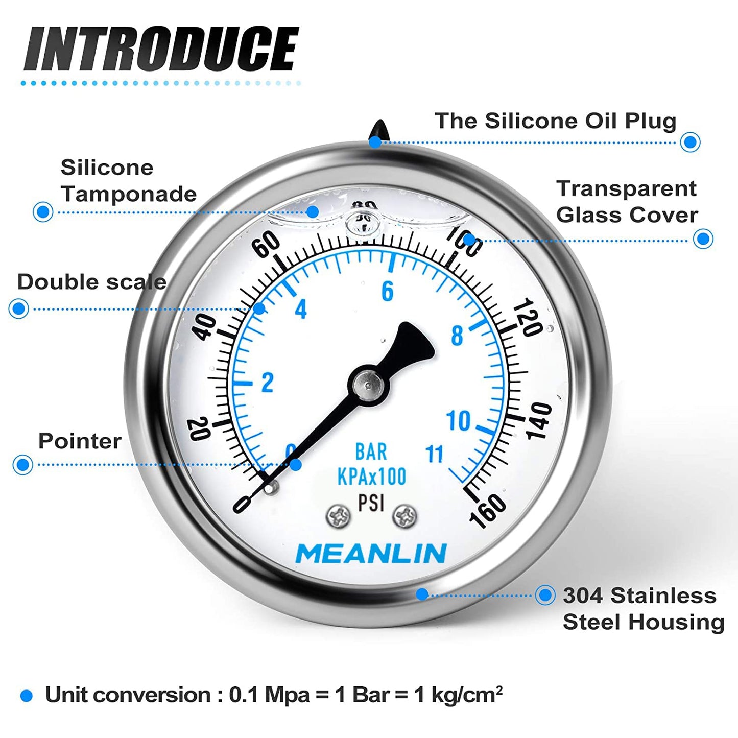 MEANLIN MEASURE 0~160Psi Stainless Steel 1/4" NPT 2.5" FACE DIAL Liquid Filled Pressure Gauge WOG Water Oil Air Back Mount (Pack of 2), with 1/2" NPT and 3/8" NPT Hex Bushing
