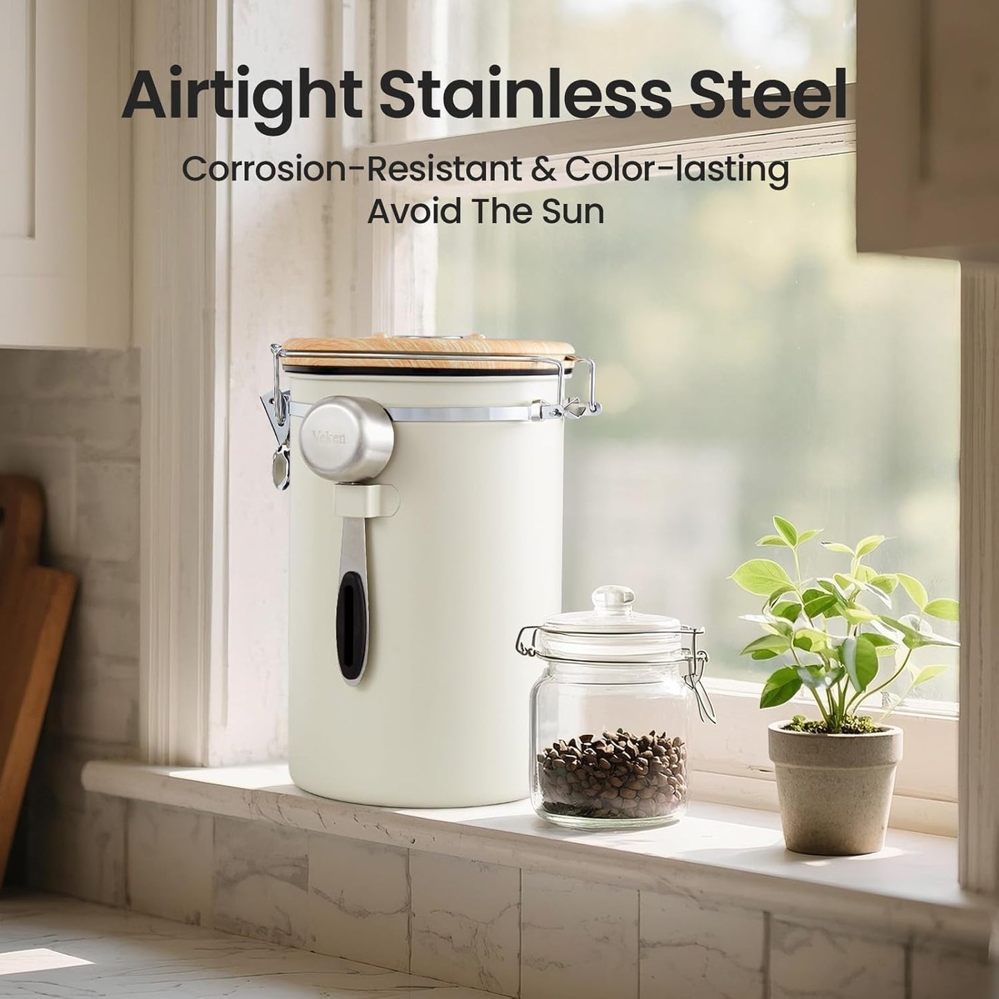 Veken Coffee Canister, 39OZ Large, Airtight Stainless Steel Food Storage Container for 2.2lbs Coffee Beans, Ground, Sugar, Tea, Flour, Rice, Cereal, Cookies Jars, Bar Accessories & Gifts, Cream