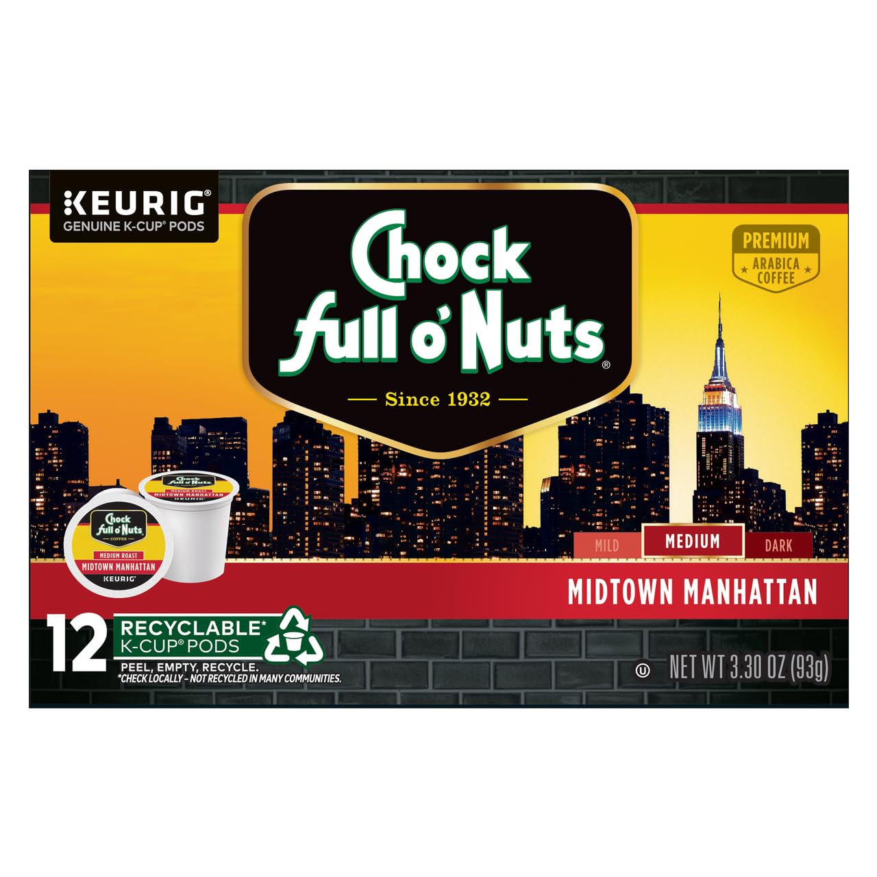 Chock Full o'Nuts Midtown Manhattan Coffee, Compatible with K-Cup Pods, 12 CT (Pack of 3)