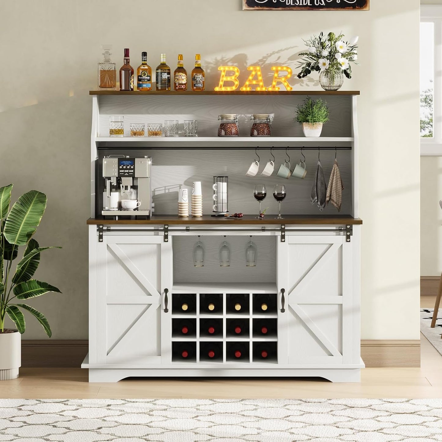 55 Inch Farmhouse Coffee Bar Cabinet with 3-Tier Enclosed Storage Cabinet, Kitchen Hutch with 12 Wine Racks & 3 Glass Holders, Coffee Bar with 6 Hooks, Wood Furniture for Dining Living Room, White