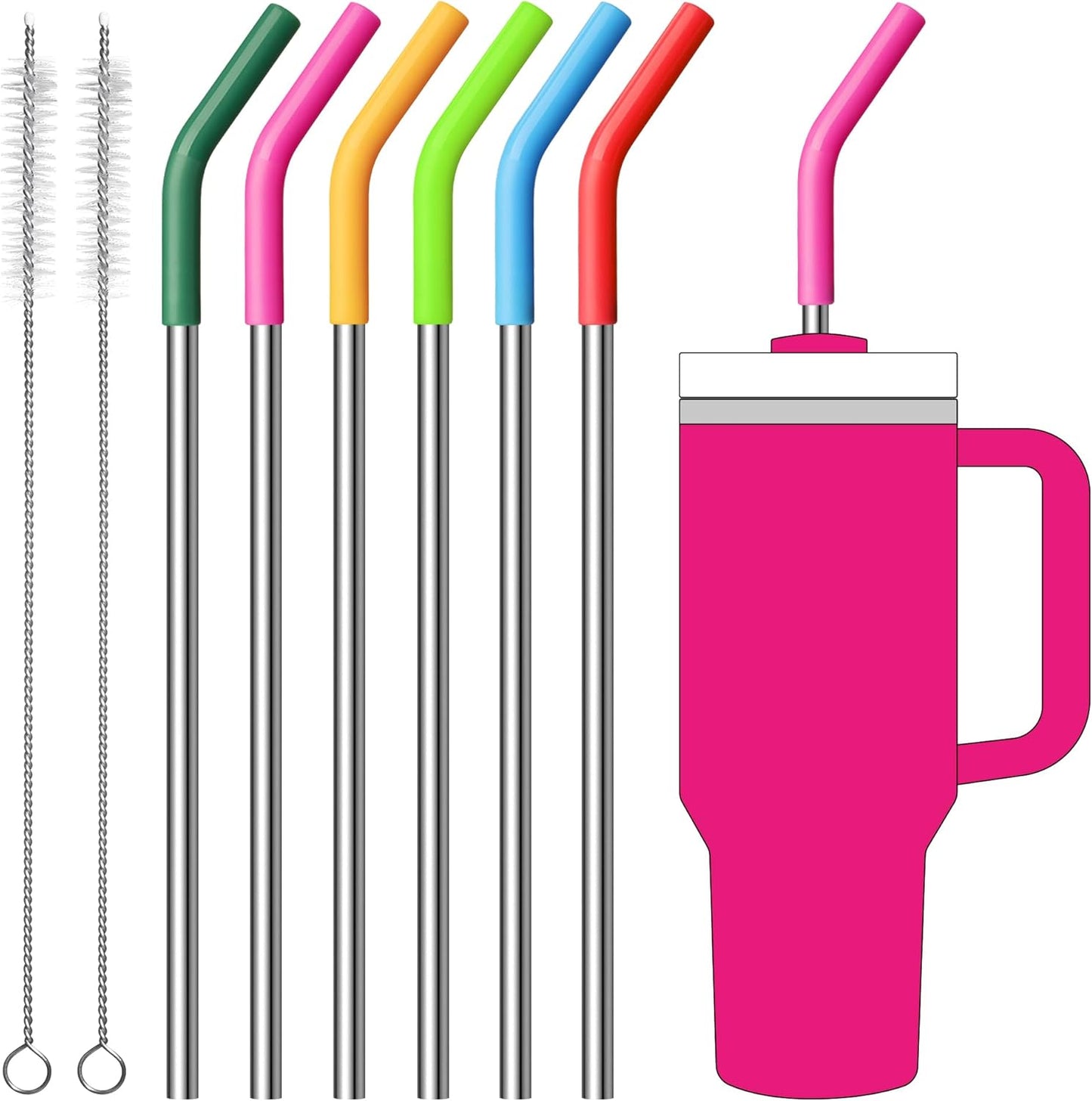 Metal Straws Reusable for 40oz Tumblers,Stainless Steel Replacement Straight Straws with Silicone Tips for 40oz Stanley Cup, Simple Modern,Meoky Tumblerr, Cleaning Brush