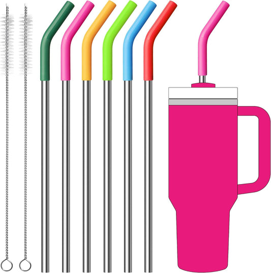 Metal Straws Reusable for 40oz Tumblers,Stainless Steel Replacement Straight Straws with Silicone Tips for 40oz Stanley Cup, Simple Modern,Meoky Tumblerr, Cleaning Brush