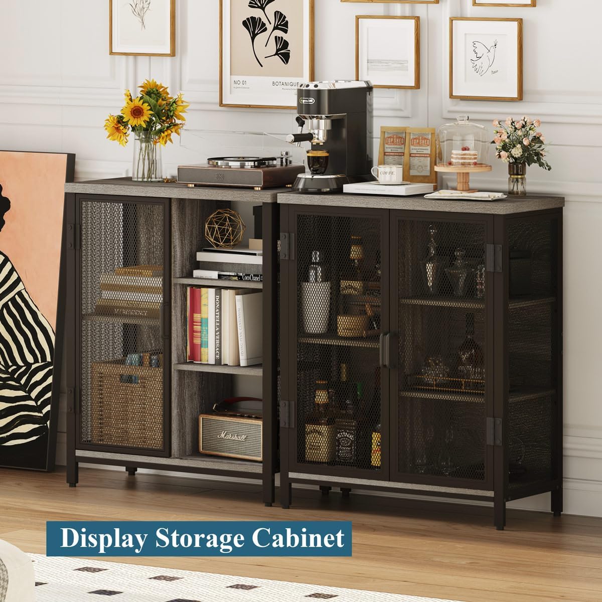 BON AUGURE Small Coffee Bar Cabinet for Liquor, Farmhouse Storage Cabinet with Doors, Wood Sideboard Buffet Cabinets for Home Kitchen, Dining Room, Living Room (Dark Grey Oak)