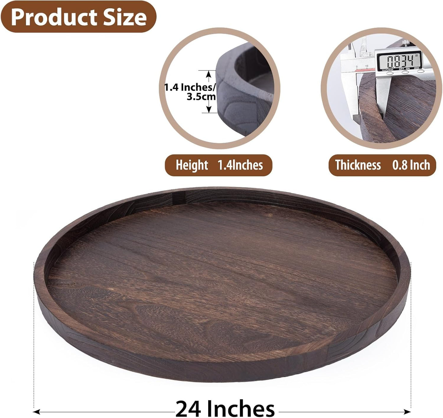 Round Ottoman Tray for Coffee Table Living Room Wood Serving Tray Large Wooden 24 Inches Rustic Brown