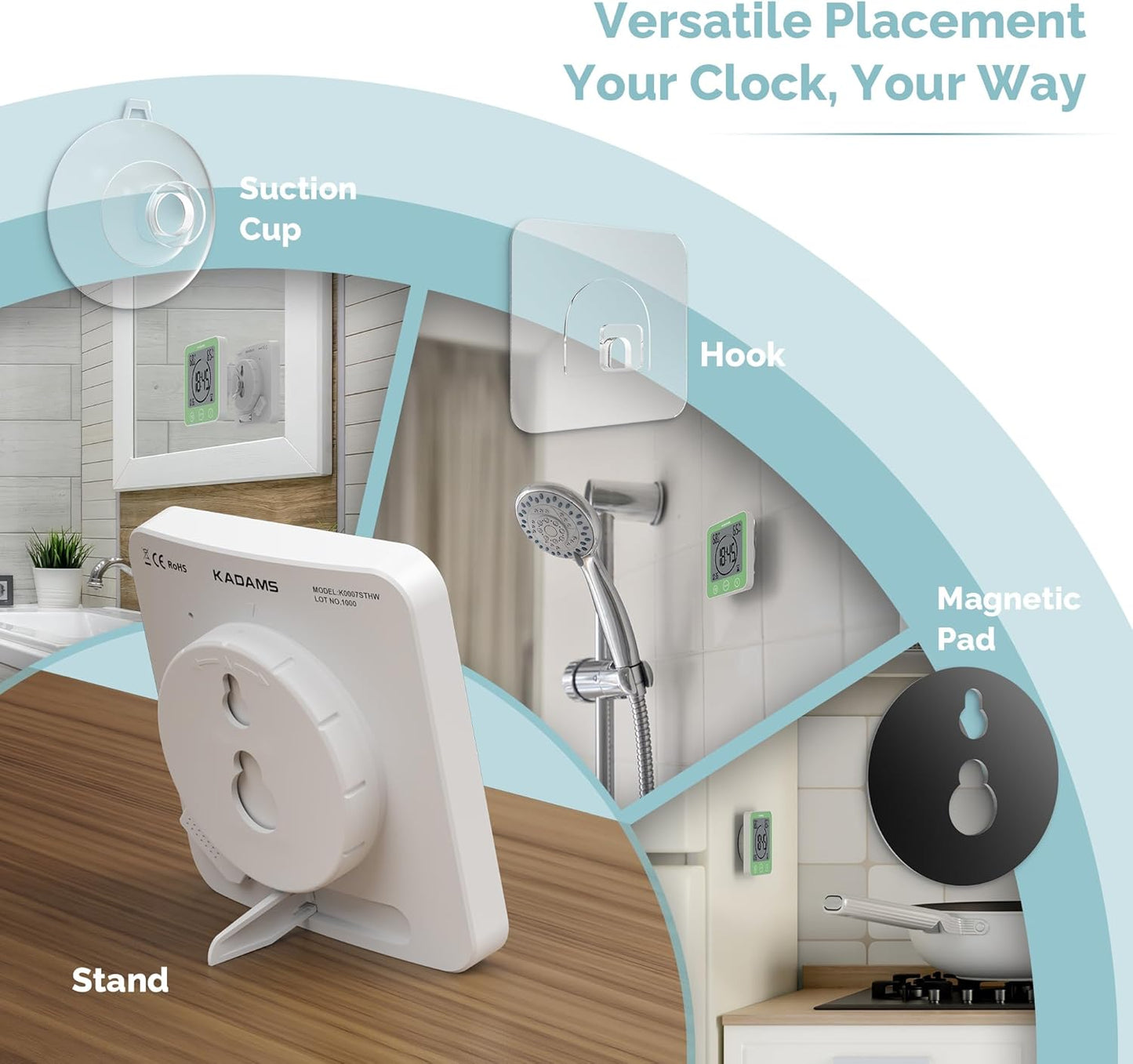 KADAMS Shower Clock Waterproof Bathroom Timer – Digital Wall Clock with Countdown, Magnetic Kitchen Clock with Temperature & Humidity, Suction Cup for Kids Shower Spa Sauna Cook Bath (Green)