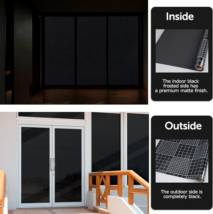 HIDBEA Blackout Window Film,100% Light Blocking Room Darkening Window Privacy Film,Frosted Glass Window Film Heat Control, Removable Window Cover Tint for Day Sleep (Black,17.7in x 6.5ft)