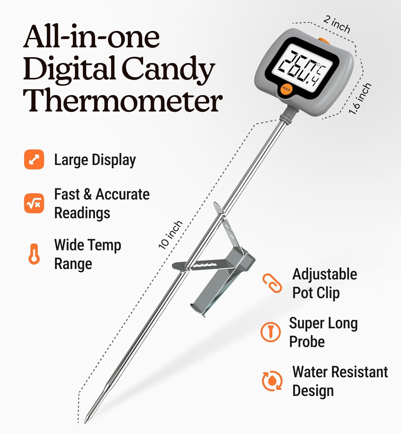 Digital Candy Thermometer with Pot Clip, 10" Long Stainless Steel Probe, Instant Read Kitchen Thermometer for Cooking, Baking, and Candy Making (Gray)