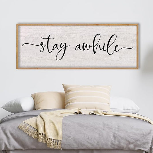 LuZhiQiang Stay Awhile Home Sign Wall Decor 40"X15" Large Solid Wood Frame For Hallway Living Room Entryway Wall Art Hanging (Wood)