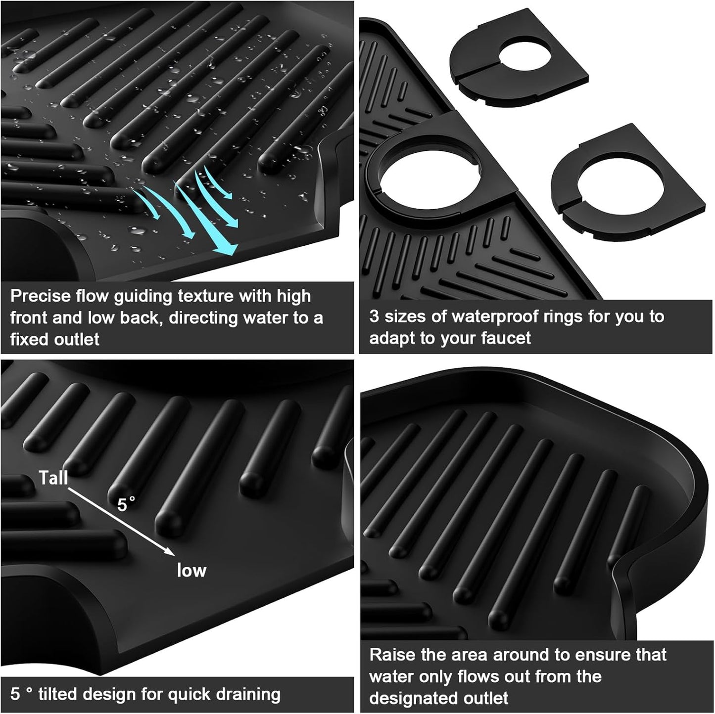 Faucet Mat for Kitchen Sink，6° Slope Sink Splash Guard，Splash Guard for Kitchen Sink，Kitchen Sink Splash Guard for Dish Soap Sponge Holder，Silicone Faucet Guard & Draining Mat-Black