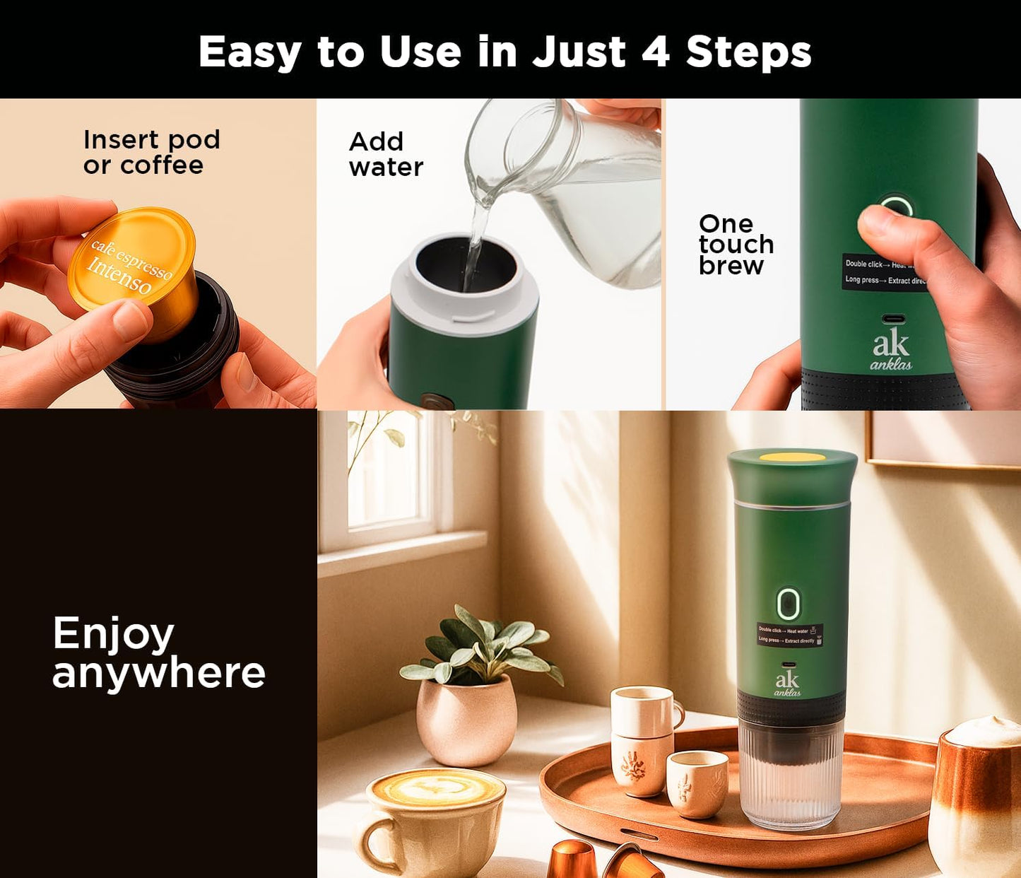 3-in-1 Portable Coffee Maker – Electric Espresso Machine for Travel – Compatible with Ground Coffee, NS & DG Capsules – USB-C Rechargeable Portable Espresso Maker (Green)