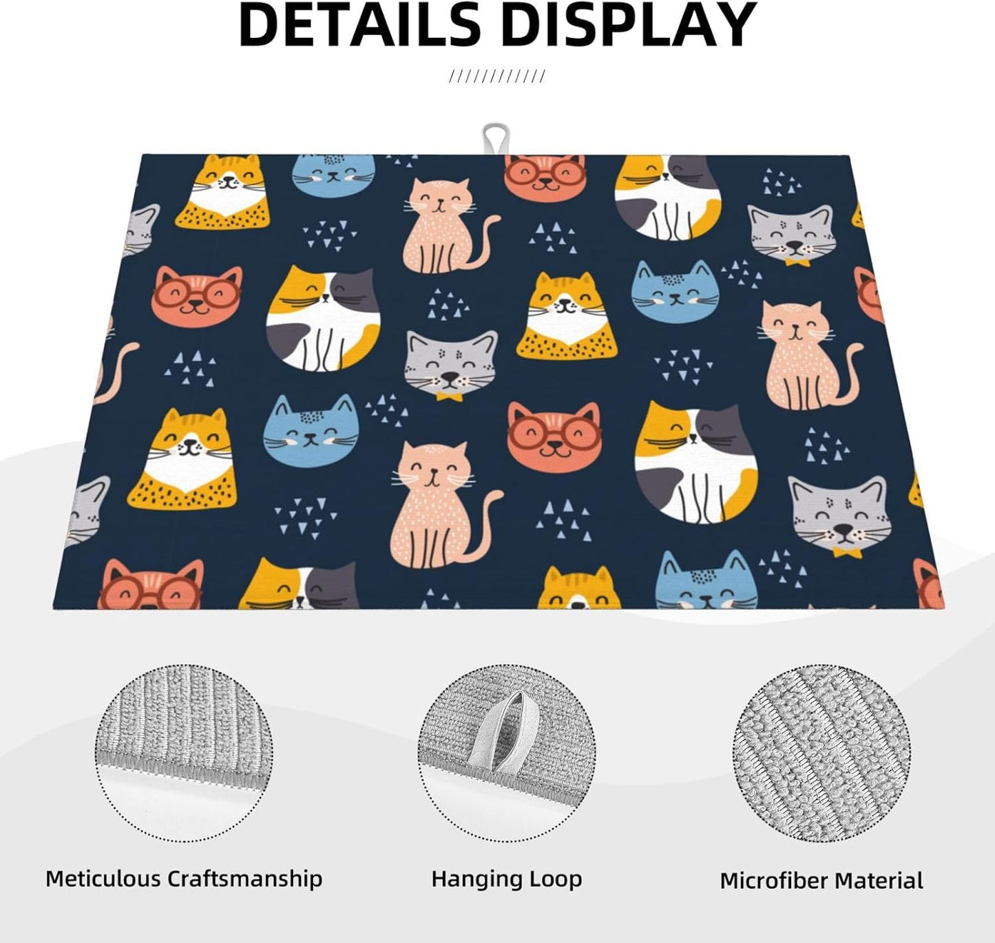 Absorbent Microfiber Dish Drying Mat, Quick Dry Pad for Sink Dishes or Under Rack, Kitchen Counter Accessories, Reusable Washable Extra Large 18"x24" (Cute Cats,Navy blue)