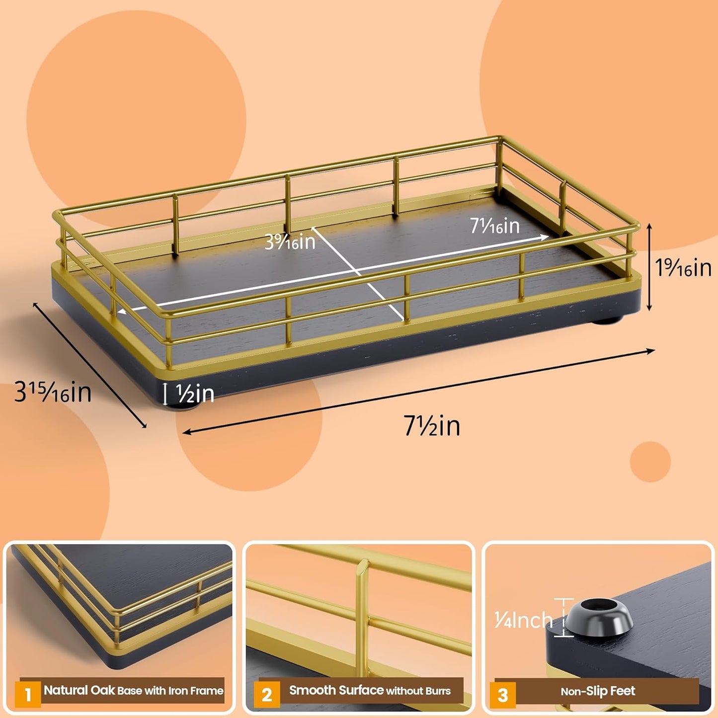 Wooden Decorative Tray, Oak 7.5" L Coffee Table for Kitchen Countertop Dresser Perfume Tray Jewelry Candle Nightstand Table Centerpieces for Dining Room Decor Black Gold