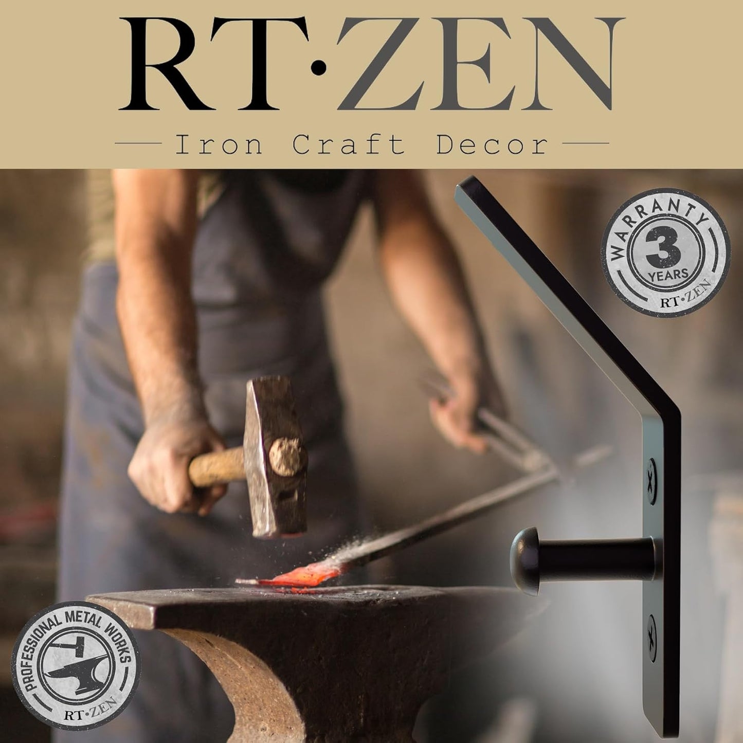 RTZEN Wall Mount Hook Set - Wrought Iron Decorative Rustic Metal Coat Hooks for Hanging - Handcrafted Classic Farmhouse Wall Mounted Black Hooks for Towel Robe or Hat Hanging - 3 Pack