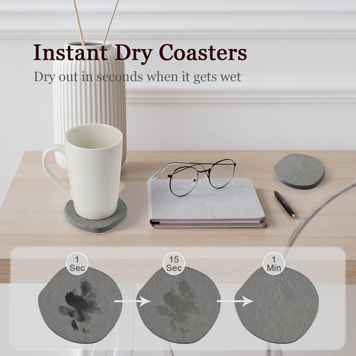 Instant Dry Stone Absorbent Diatomite Coaster Set of 4 for Drinks Wine Coffee, Modern Unique Cup Diatomaceous Earth Coasters for Coffee Table Office Desk, Deep Grey
