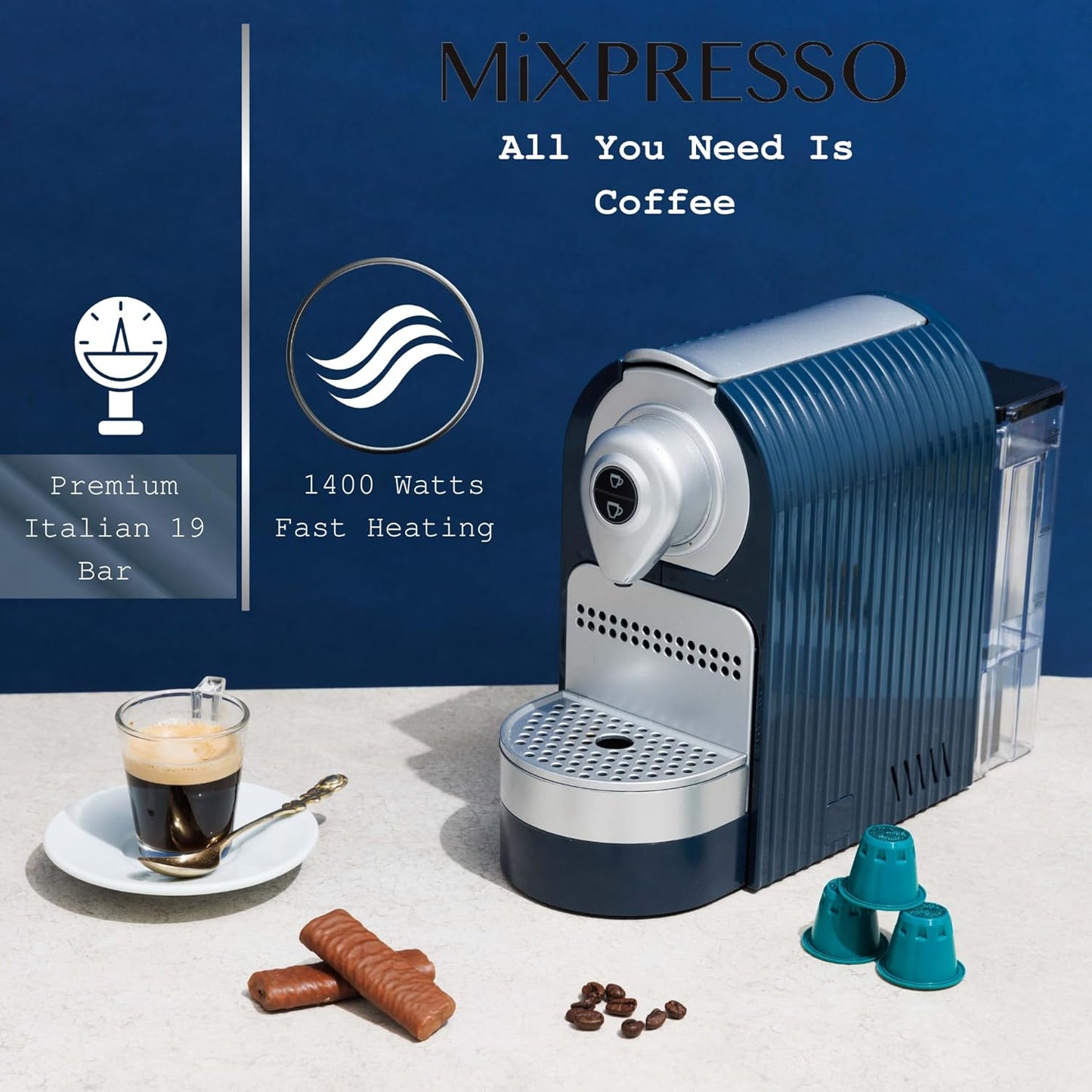 Mixpresso Blue Espresso Machine for Nespresso Compatible Capsule, Single Serve Coffee Maker Programmable for Espresso Pods, Premium Italian 19 Bar High Pressure Pump 27oz, 1400w Capsule Coffee Maker