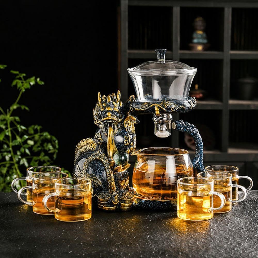 Glass Teapot Set with Infuser Semi Automatic Dragon Tea Set with 6 Small Cups (Blue golden dragon)
