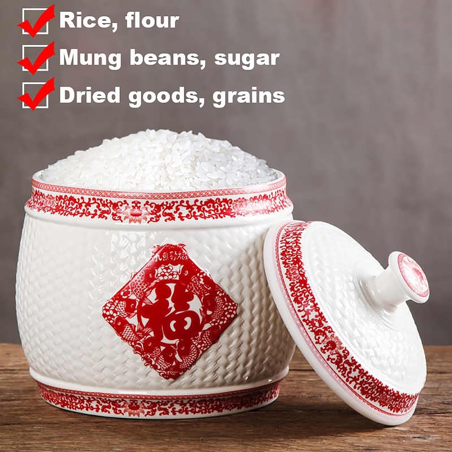 Traditional Chinese Style Large-Capacity Rice Pot, Ceramic Rice Bucket With Tassel Design, Airtight Storage Container For Rice, Grain, Snacks, Dry Foods