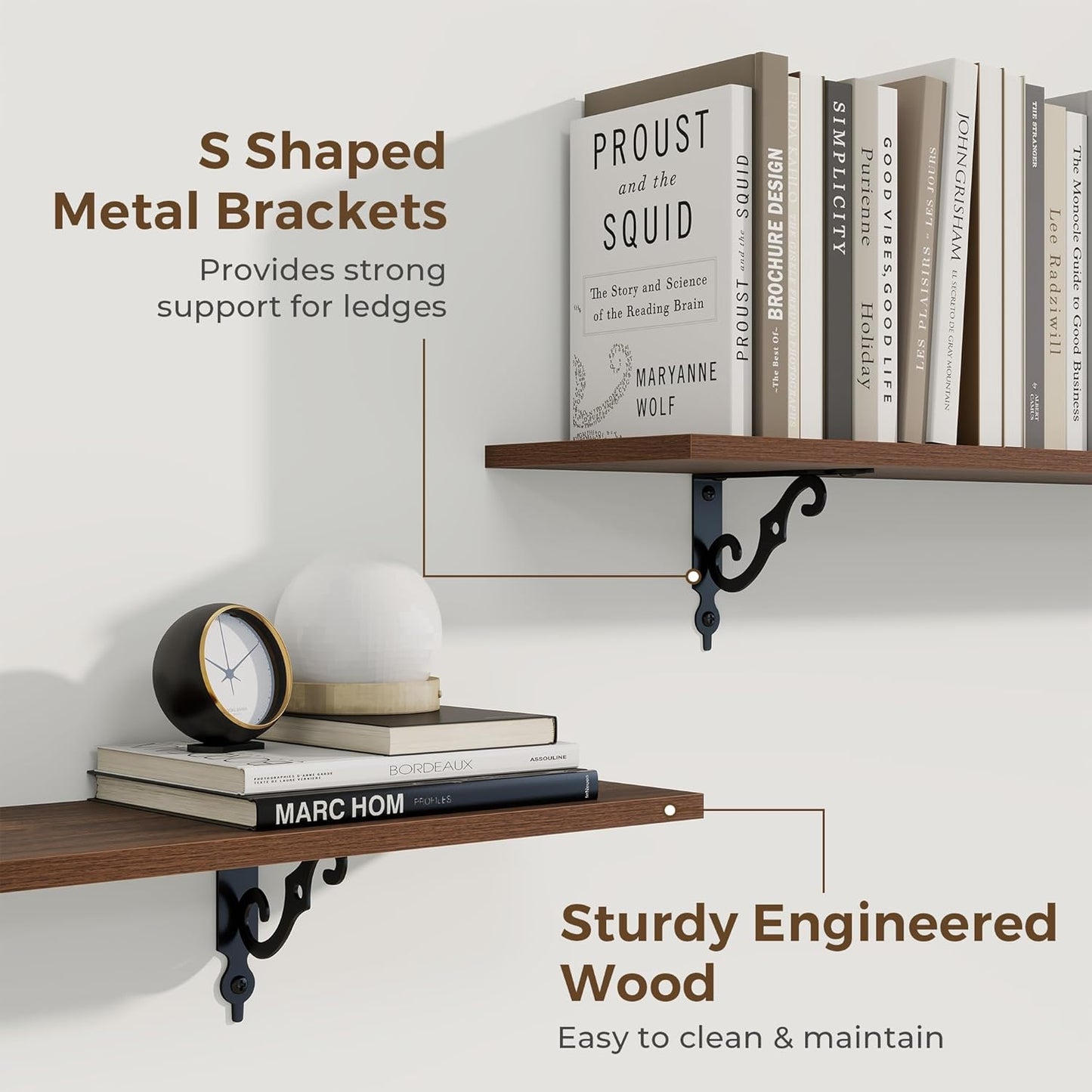 RICHFOCUS Floating Shelves for Wall Decor, 35.4W x 8D Wall Shelves Set of 2, 8 Inch Deep Rustic Wood Shelves Wall Mounted with Brackets, Long Floating Shelves for Living Room Bedroom Kitchen, Walnut