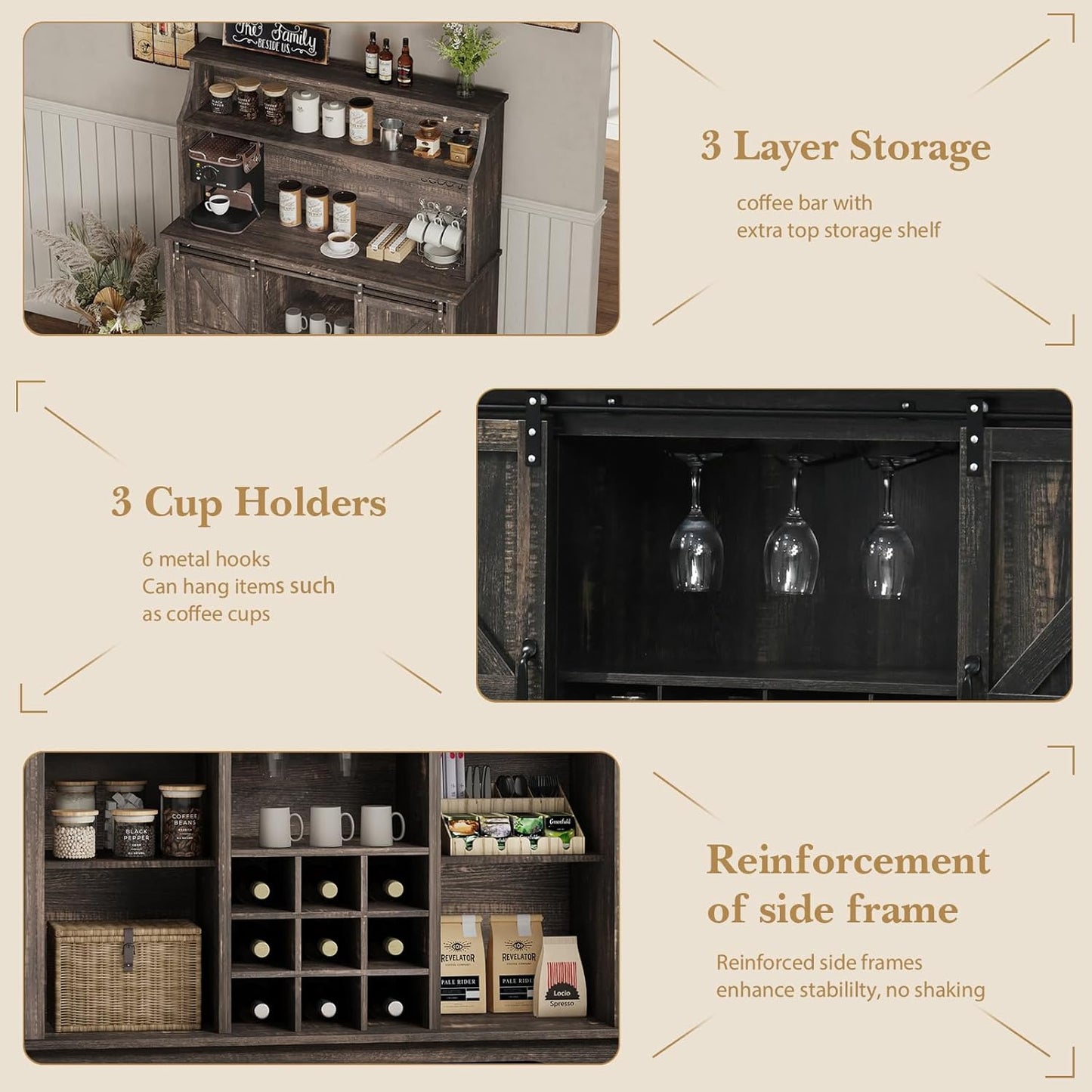 47 Inch Farmhouse Coffee Bar Cabinet with 3-Tier Storage, Coffee Bar Hutch with 9 Wine Racks, 3 Glass Holders, 6 Hooks, Kitchen Storage Cabinets for Dining Living Room, Oak