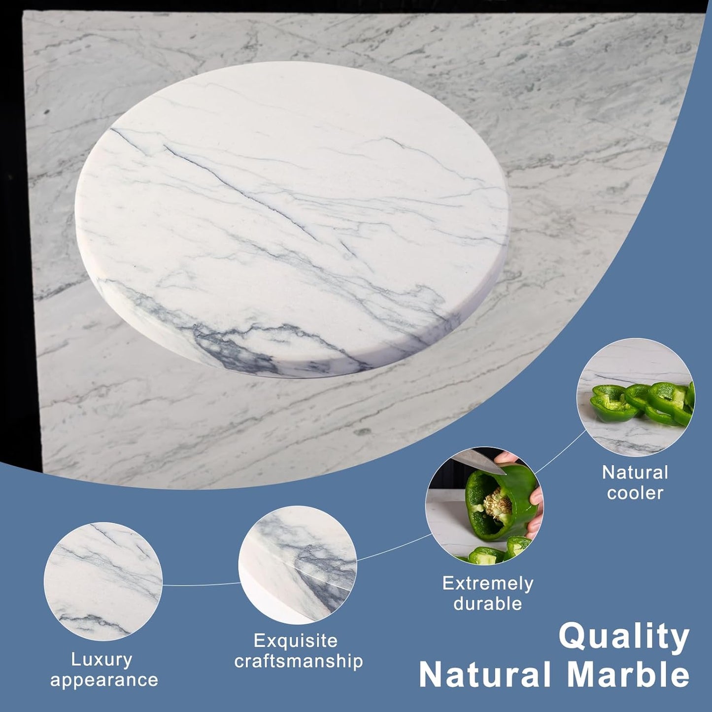 Koville White Marble Cutting Board Cheese Boards for Kitchen Countertop, Large Round Marble Charcuterie Board Pastry Boards for Kitchen Decor, Stone Tray Stone Slab for Home Decor
