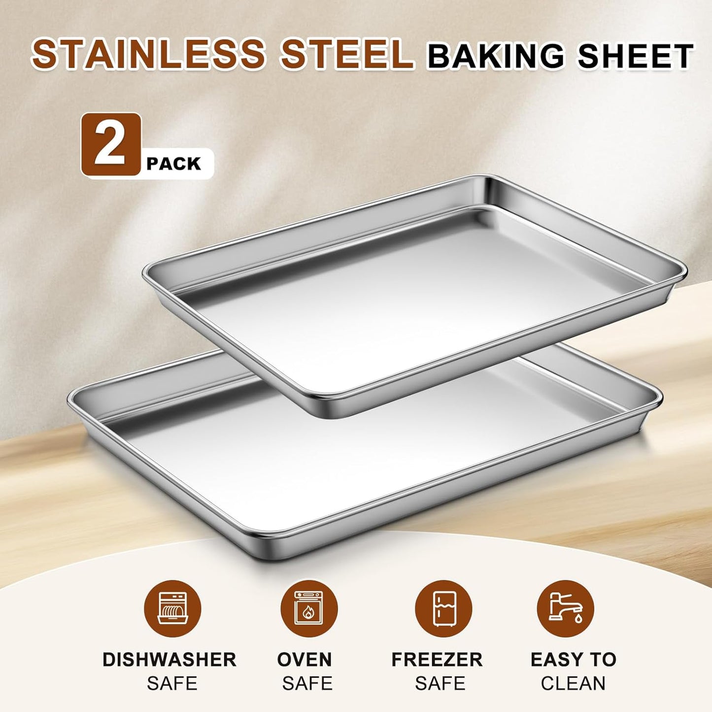 Baking Sheet Set of 2, Commercial Grade Stainless Steel Cookie Sheets for Baking, 17.5''x13'' / 15.7''x12'', Thicker and Firmer Baking Pans Set, Rust & Warp Resistant & Nonstick, Nontoxic & Heavy Duty