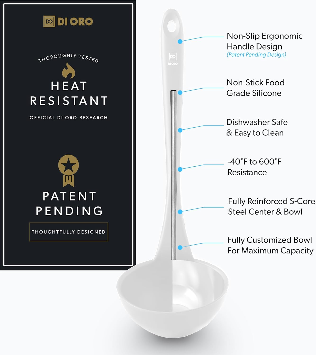 DI ORO Silicone Ladle – Soup Ladle for Cooking & Serving Heat-Resistant - Large Kitchen Soup Ladle Nonstick Cookware Safe - Soup Serving Spoon with Wide Bowl - Silicone Utensil Dishwasher Safe (Stone)