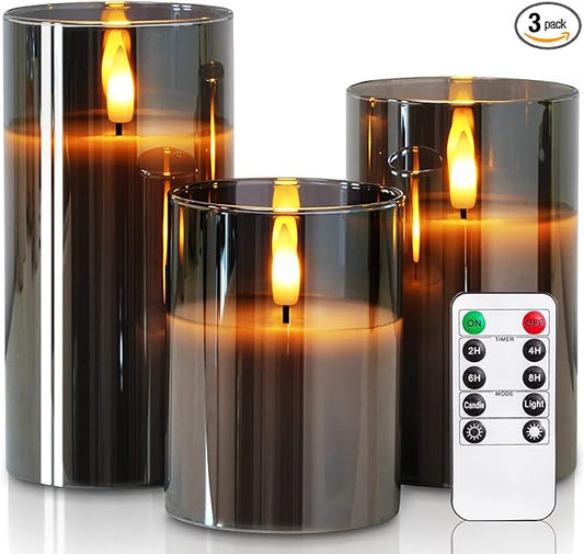 Homemory Grey Glass Flameless Candles, Battery Operated LED Pillar Candles with Remote Control and Timer, Radiance Candles, Real Wax, Set of 3,D3 xH4 5" 6"