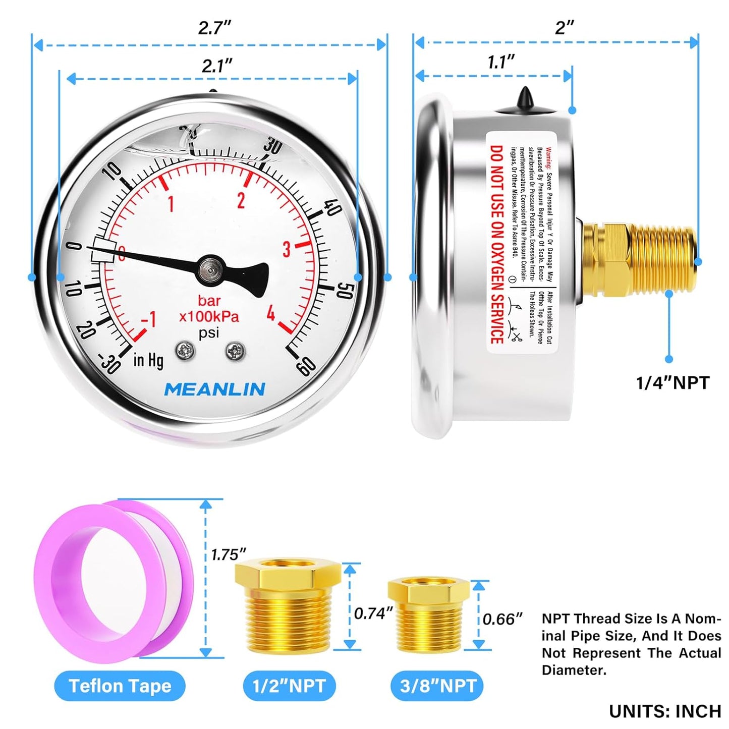 MEANLIN MEASURE -30inHG~60Psi Stainless Steel 1/4" NPT 2.5" FACE DIAL,Vacuum Pressure Gauge,Center Back Mount, with 1/4" x 1/2" NPT and 1/4" x 3/8" NPT Hex Bushing