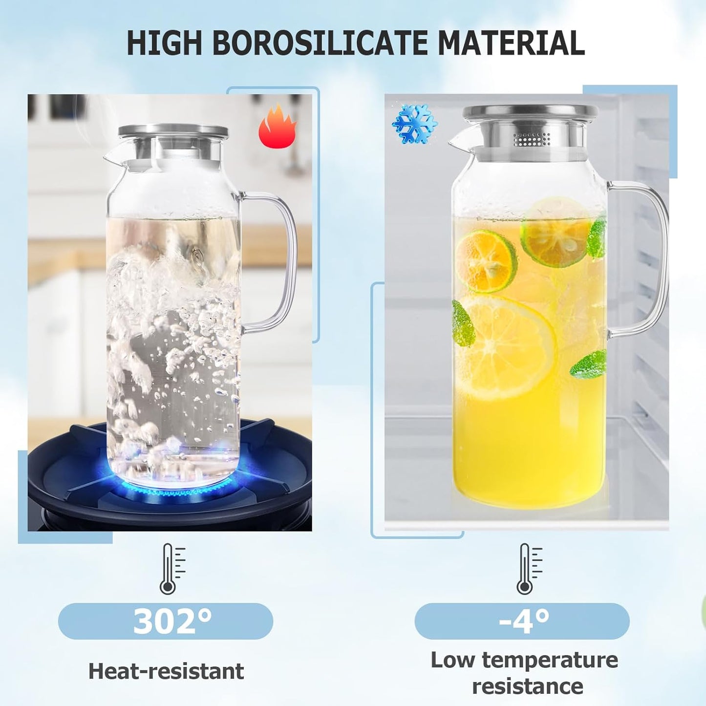 Yirilan Glass Pitcher, 2.3 Liter Water Pitcher with Lid, Beverage Pitchers for Hot, Cold Water, Iced Tea and Juice Drink with Cup Brush