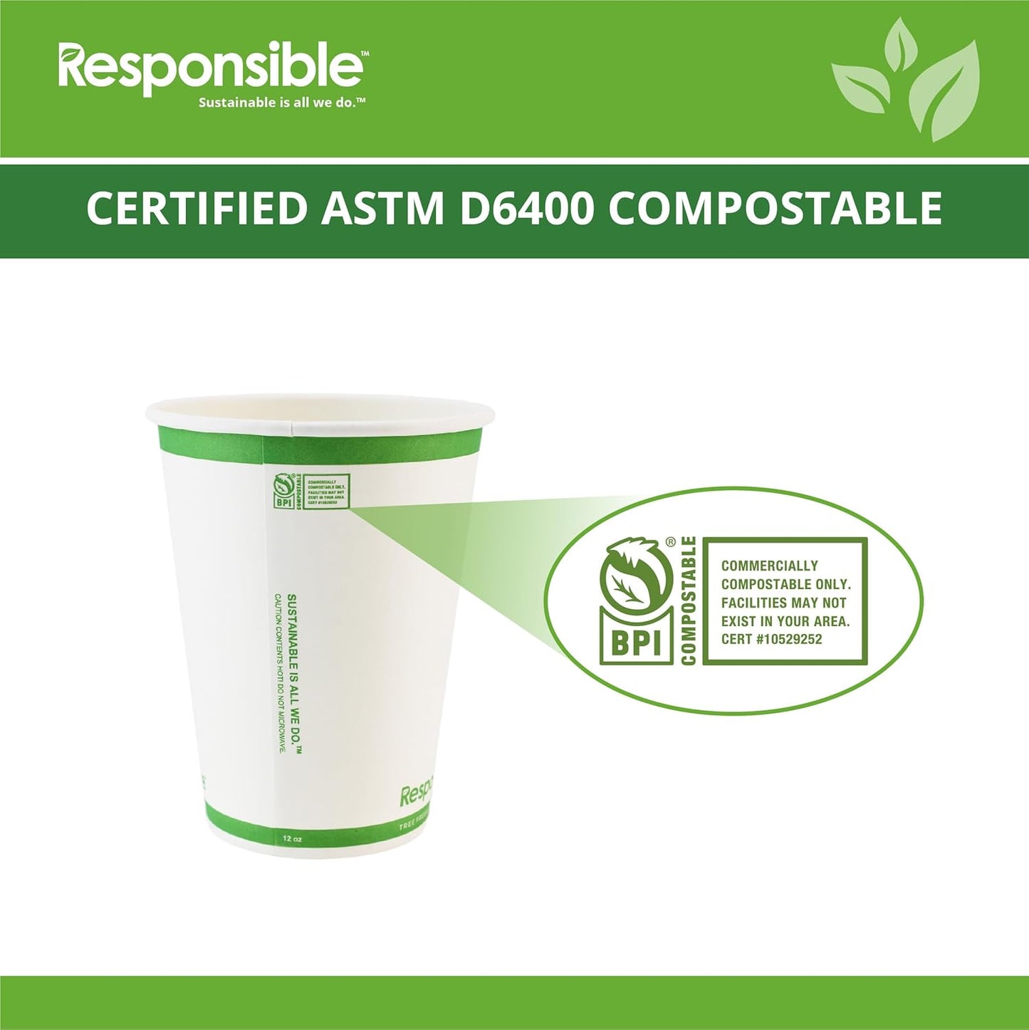 Certified Compostable 12 oz Paper Cups, Cold ＆ Hot Coffee Cups, Disposable Paper Cups, Extra Strength Disposable Cups, Made without PFAS (50 count)