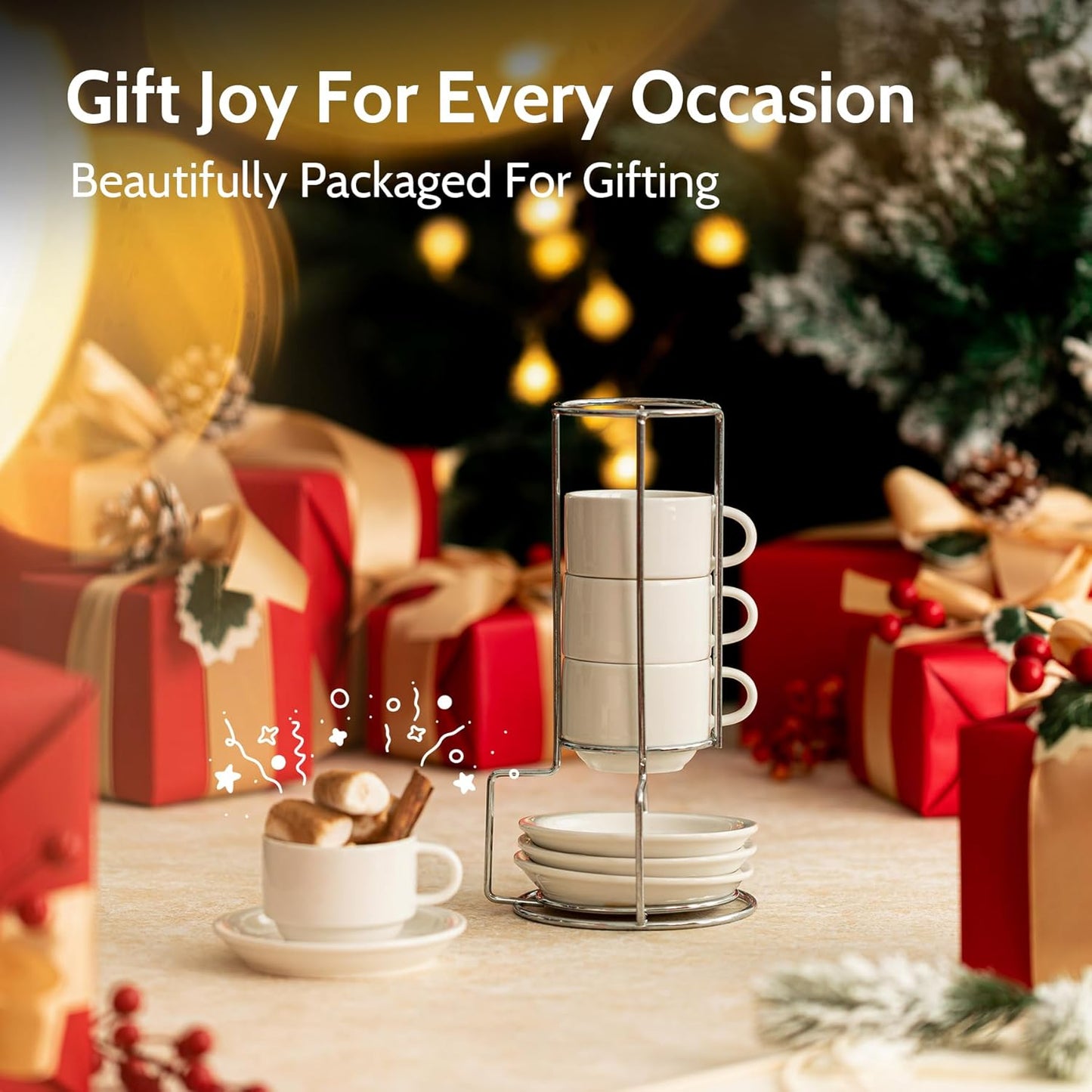 Sweese 2.5 Ounce Porcelain Stackable Espresso Cups with Saucers and Metal Stand Set of 4, White