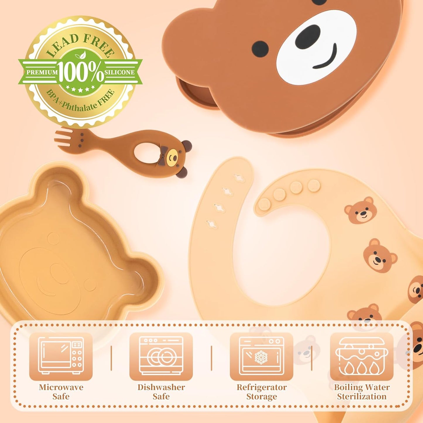 Silicone Baby Feeding Set 7 Pcs, Baby Led Weaning Supplies, Baby Feeding EatincSupplies Set BPA Free, Baby Essentialsfor Newborn Gift Bear