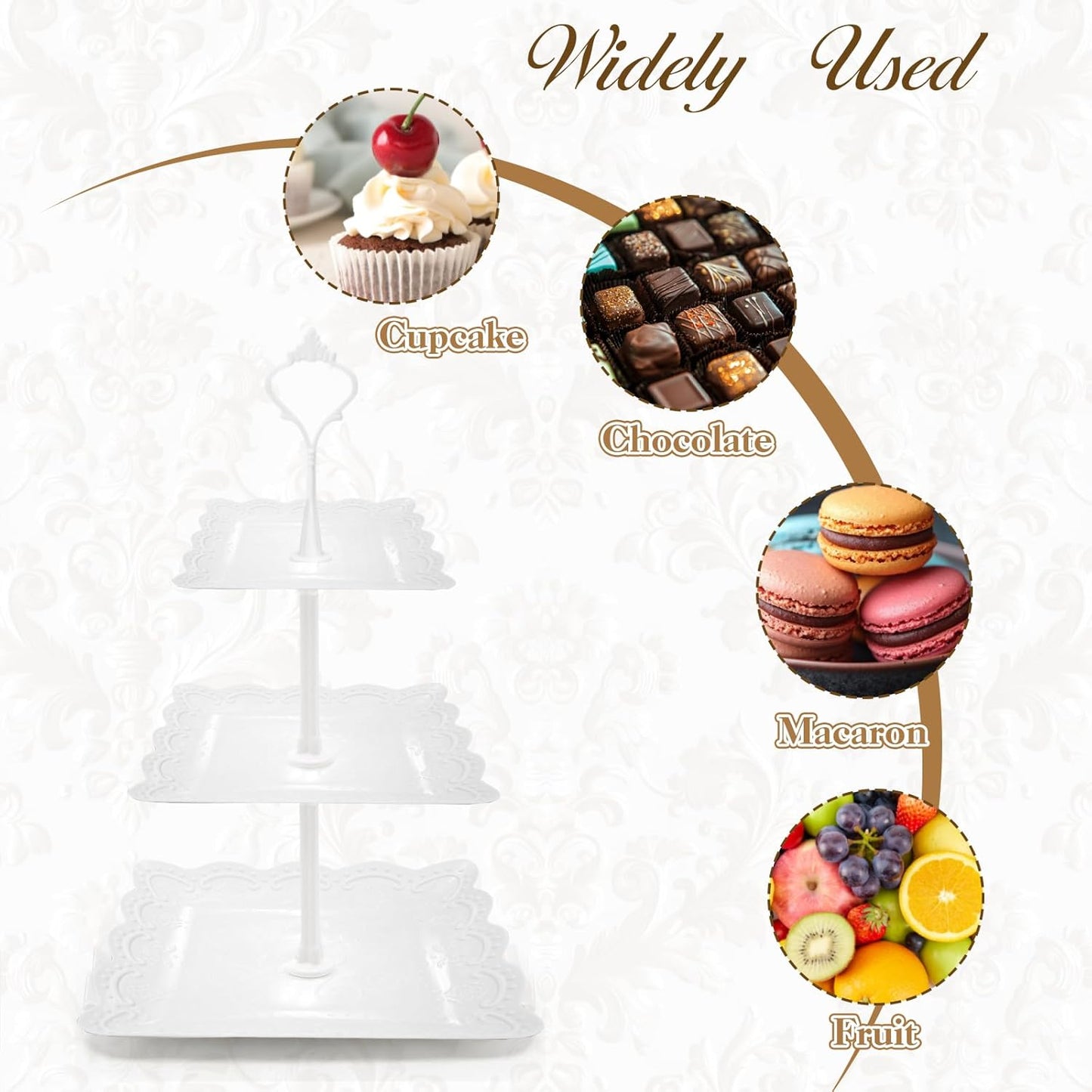 3 Tier Cupcake Stand, Durable Plastic 3 Tier Serving Tray for Cupcake, Fruit, Chocolate, Cookies, Square White Embossed Tiered Tray Stand for Wedding, Baby Shower, Party