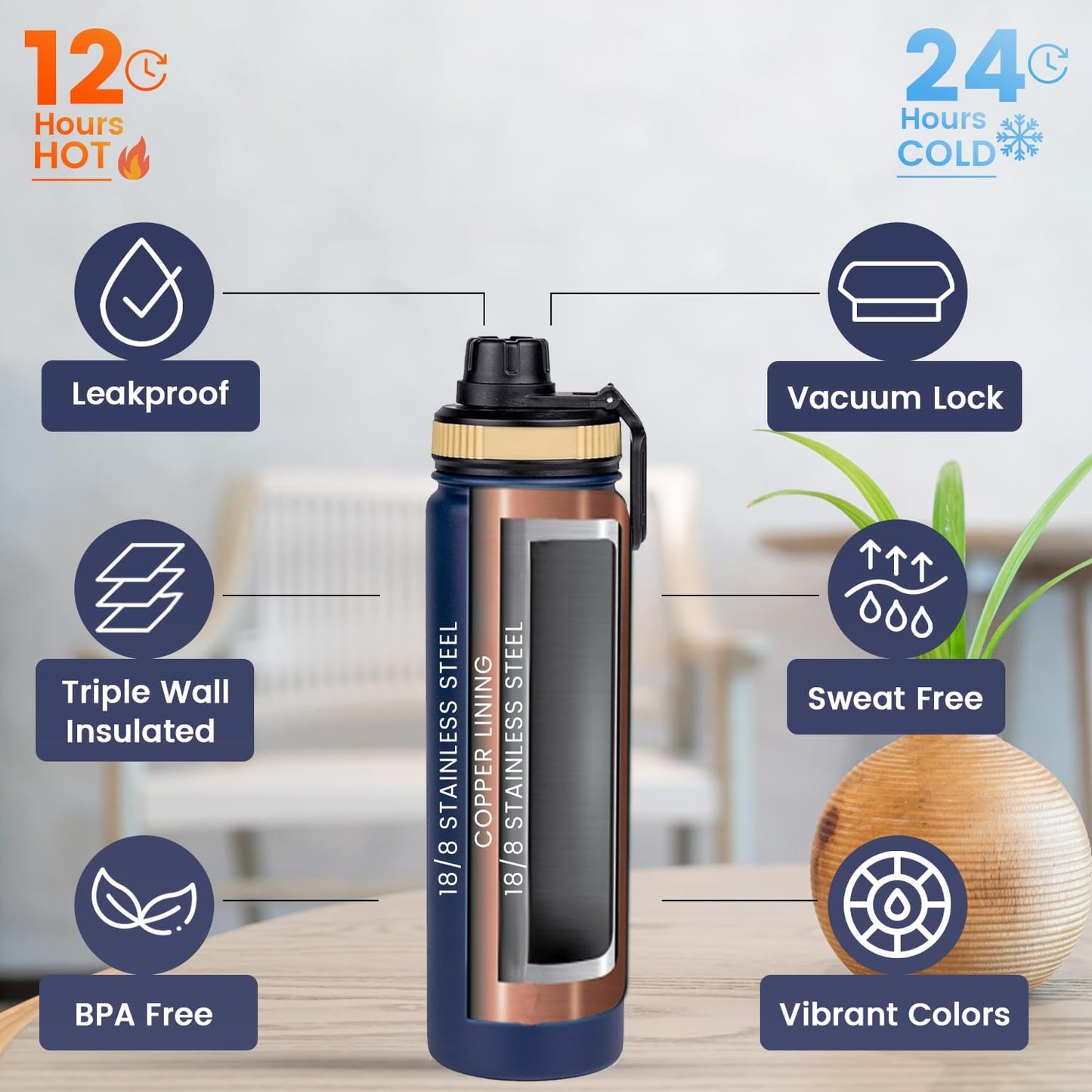 Lexlion Fruit Infuser Water Bottle - 22 Oz, Triple Walled Insulated Stainless Steel, Thermal Leaf Infuser, Silicone Sleeve, 3 Lids Leakproof, Metal Mug