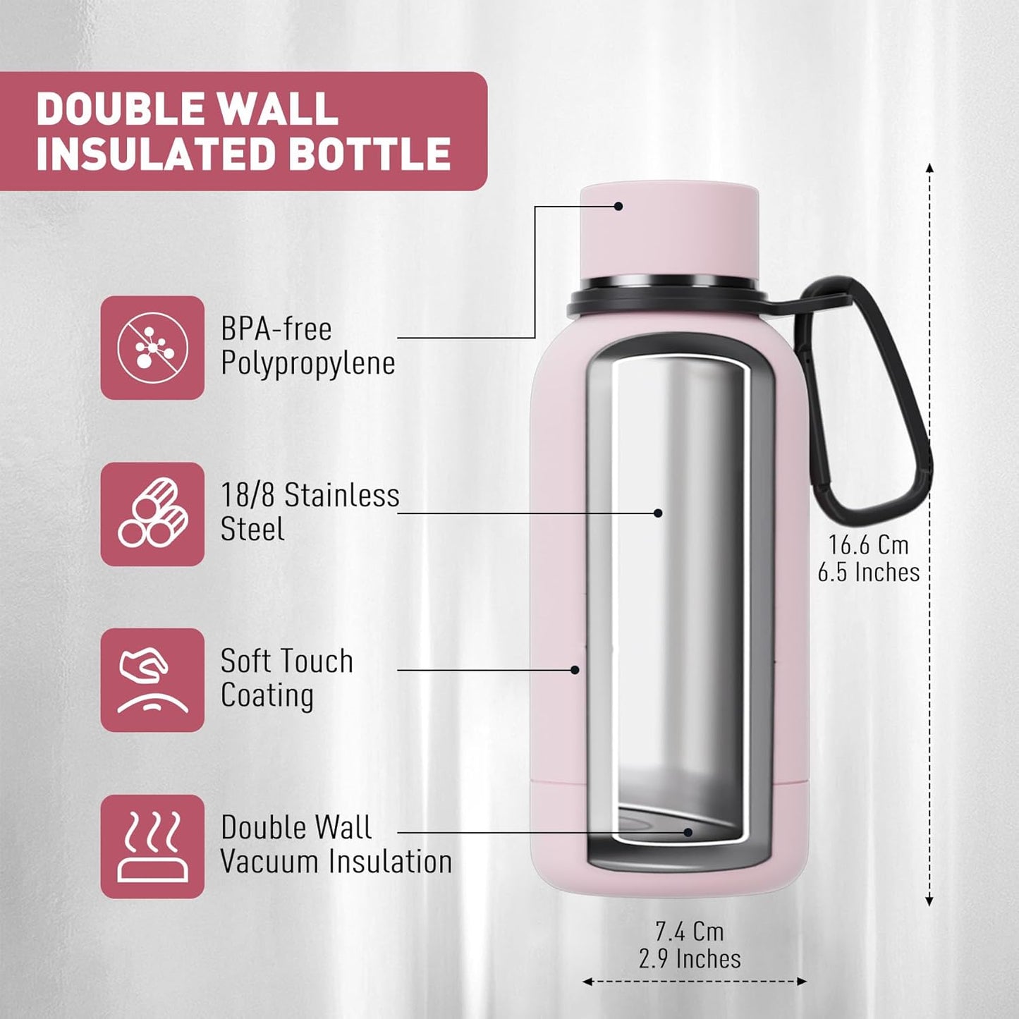 Small Water Bottle 12oz with Clip, Double Wall Stainless Steel Vacuum Small Insulated Water Bottle Keeps Drinks Cold 24 Hrs/Hot 12 Hrs for Kids Handbag School BPA Free (Pink)