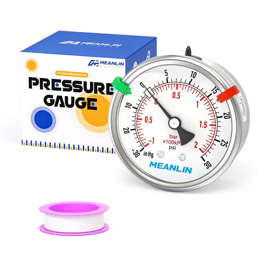 MEANLIN MEASURE -30inHG~30Psi Vacuum Pressure Gauge 316 Stainless Steel Joint 1/4" NPT 2.5" FACE DIAL, Stainless Steel Liquid Filled Pressure Gauge WOG Water Oil Air Back Mount, 2PCS Snaps
