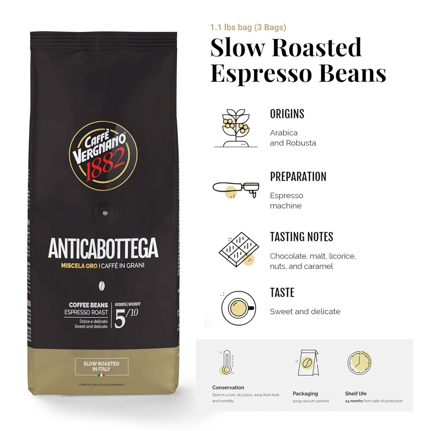 Caffe Vergnano 1882 Antica Bottega Whole Bean Arabica Medium Roast Espresso - Italian Coffee Beans Chocolate, Nuts and Caramel Notes, Intensity 5/10, 3.3 lbs