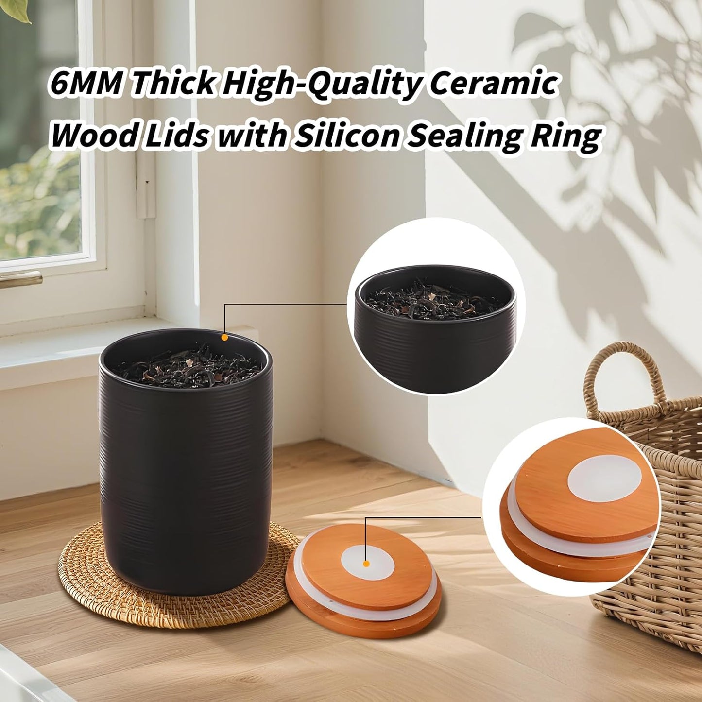 Food Storage Jar Strong Ceramic Storage Canisters with Airtight Wooden Lid,Kitchen Storage Containers for Serving Coffee Beans, Tea, Sugar, Salt, Spices (Black three-piece set)